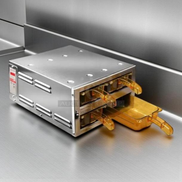 Henny Penny MPC22.05 modular warming drawer, 14 3/4"W, four compartments, stainless steel, tested, 120v, excellent condition.