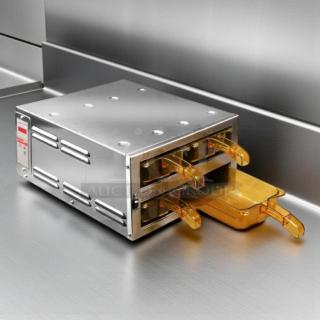 Henny Penny MPC22.05 modular warming drawer, 14 3/4"W, four compartments, stainless steel, tested, 120v, excellent condition.