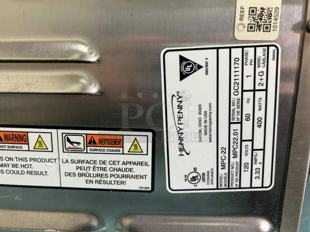 Henny Penny MPC22.05 warming drawer, 14 3/4"W, 4 compartments, 120v, UL-listed label, tested and working condition.
