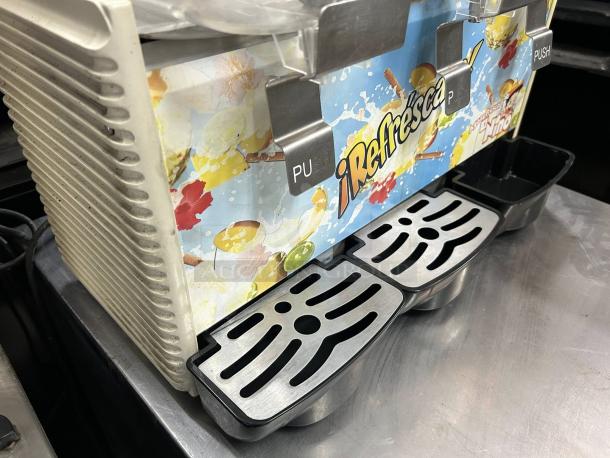 Crathco D35-4 Grindmaster Beverage Bubbler, pre-mix cold dispenser, tested and working. Colorful graphics, push levers, drip trays.