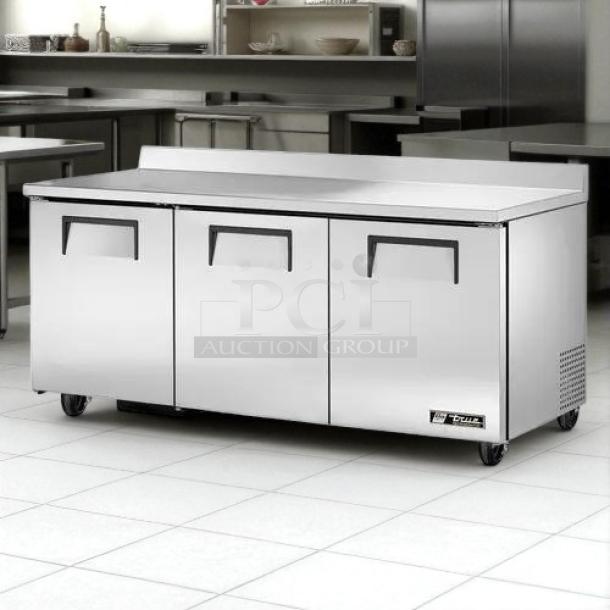 True TWT-72-HC stainless steel work top refrigerator, three-section, 19 Cu.Ft capacity, excellent condition, tested and working.