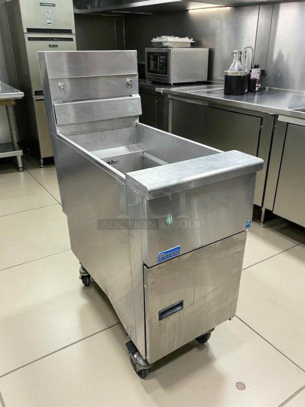 Pitco SG14-S natural gas fryer, stainless steel, 40-50 lb. capacity, tested and working, on wheels, with Pitco logo.