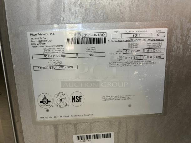 Pitco SG14-S natural gas floor fryer, stainless steel, 40-50 lb capacity, 110,000 BTU/h, tested and working, NSF certified.