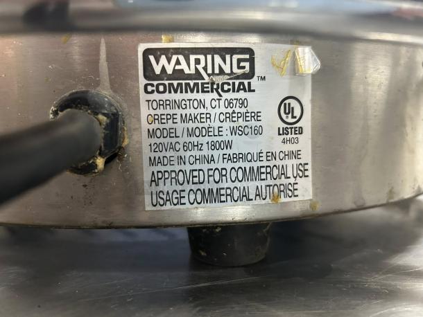 Waring WSC160X 16" electric crepe maker in excellent condition. Label states 120VAC 60Hz 1800W, UL listed, commercial use.