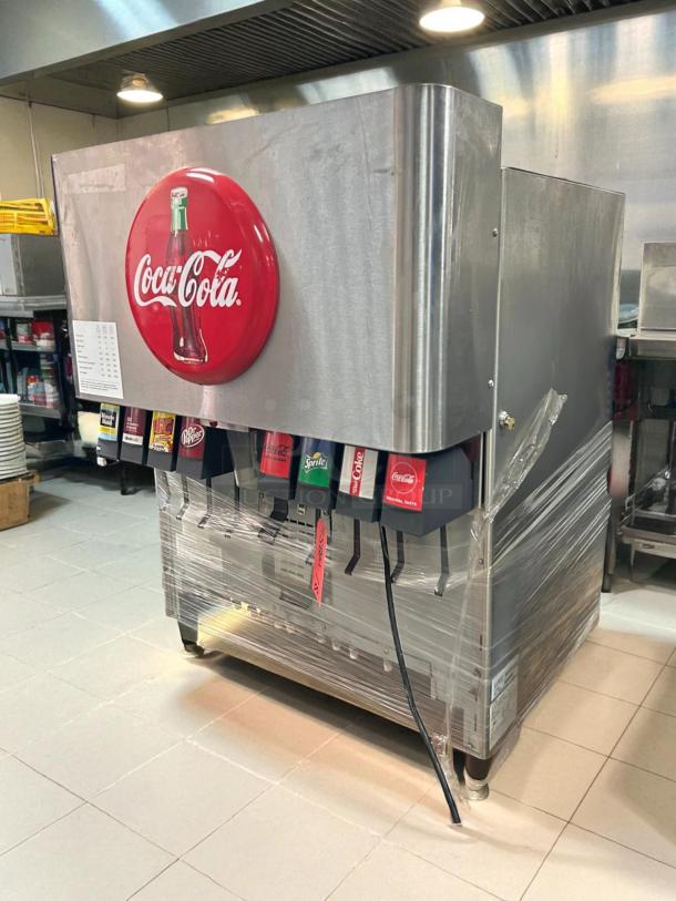 Lancer Model 85-4548H-111 countertop ice and soft drink dispenser, Coca-Cola branding, tested and working, 250lb storage.