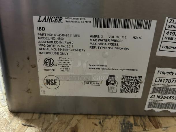 Lancer ice and drink dispenser label showing model 85-4548H-111, 115V, assembled in 2017, NSF certified, indoor use.