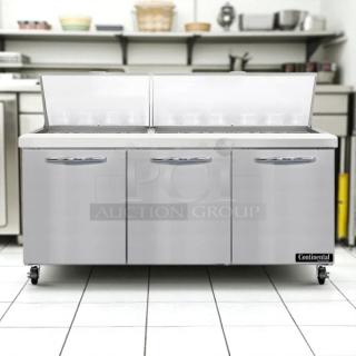 Continental SW72-N-30M 72" 3 Door Mighty Top Sandwich Prep Table in excellent condition, tested and working.