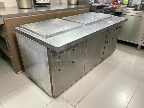 Continental SW72-N-30M 72" 3-door refrigerated prep table, stainless steel, excellent condition, tested, working.