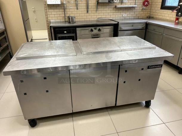 Continental Refrigerator SW72-N-30M 72" 3 Door Sandwich Prep Table, excellent condition, stainless steel, tested and working.