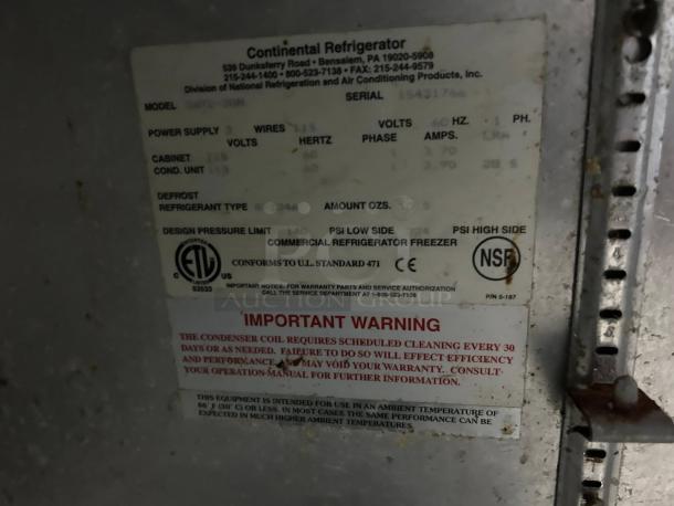 Label on Continental Refrigerator SW72-N-30M, showing model, refrigerant type R-134a, ETL, NSF certifications, and maintenance warning.