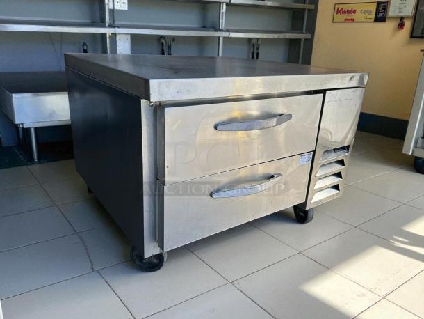 Beverage Air WTRCS36HC chef base fridge, stainless steel, two drawers, excellent condition, tested, 36", on wheels.
