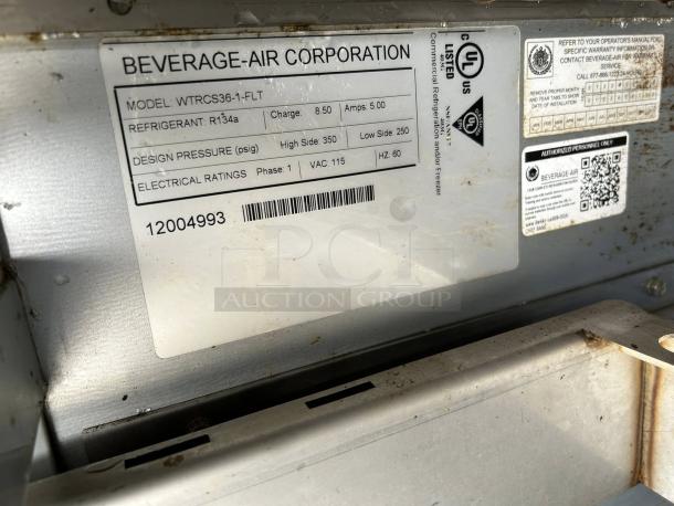 Beverage Air WTRCS36HC chef base refrigerator label, UL listed, R134a refrigerant, 36", tested and working.