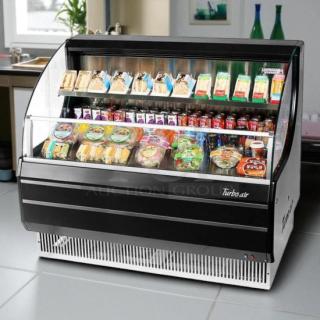 Turbo Air TOM-50LB-N 51" black display merchandiser in excellent condition, featuring a low profile and open design.