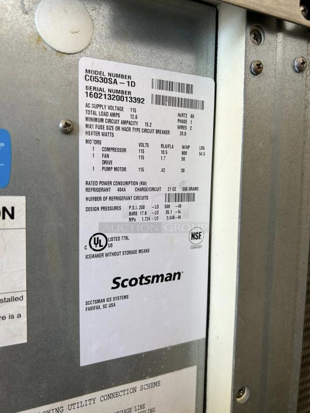 Scotsman C0530SA-1 ice machine label, showing model, serial number, and specifications. Excellent condition, tested, working.