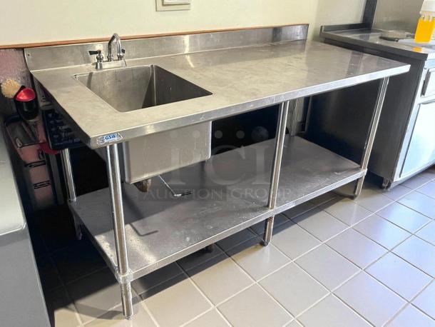 GSW USA 72" work table with prep sink in polished stainless steel, 16 gauge. Includes under-shelf, tested and working condition.