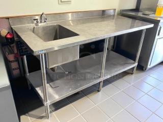 GSW USA 72" work table with prep sink in polished stainless steel, 16 gauge. Includes under-shelf, tested and working condition.