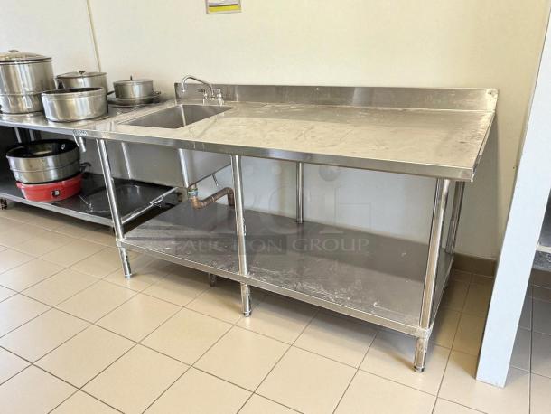 GSW USA 72" work table with prep sink, 16-gauge polished stainless steel, includes faucet, tested and in working condition.