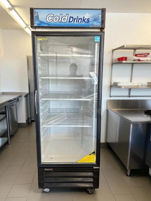 Turbo Air TGM-22RV(B)-N6 20.3 Cu.Ft cooler merchandiser with glass door, excellent condition, tested and working, "Cold Drinks" sign.