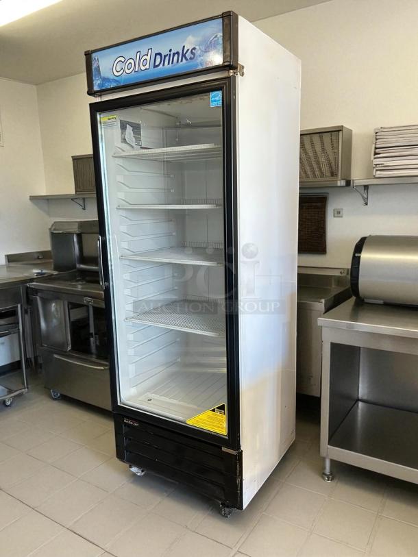 Turbo Air TGM-22RV(B)-N6 cooler, 20.3 cu.ft, single glass door, excellent condition, tested working, "Cold Drinks" sign.