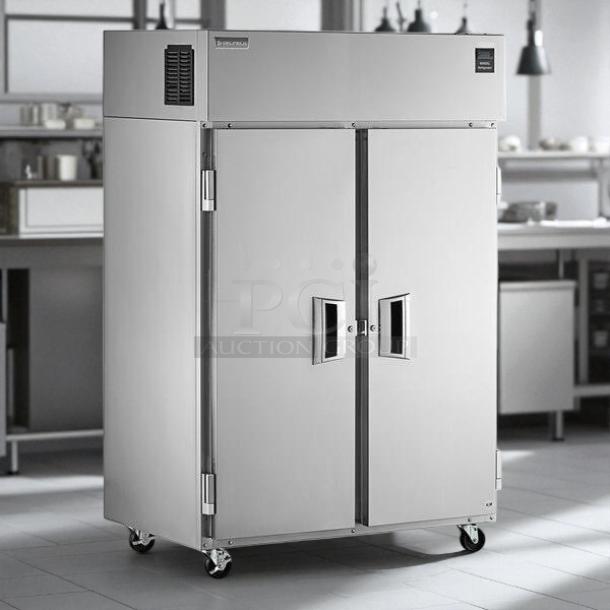 Delfield 6151XL-S 50" two-section reach-in freezer, excellent condition, full doors, tested, stainless steel exterior, on casters.