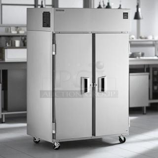 Delfield 6151XL-S 50" two-section reach-in freezer, excellent condition, full doors, tested, stainless steel exterior, on casters.