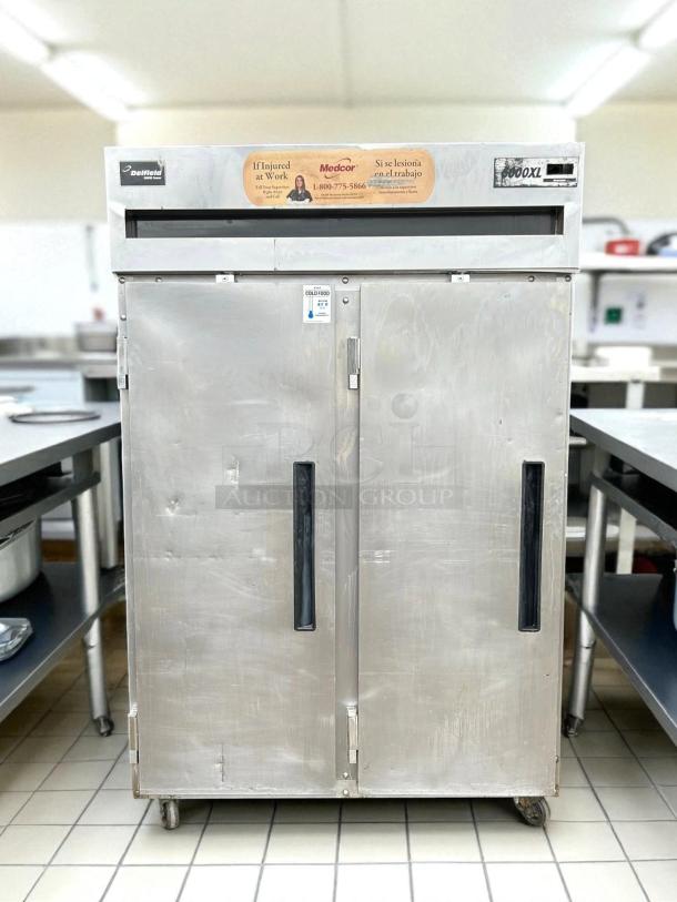 Delfield 6151XL-S 50" two-section reach-in freezer, excellent condition, tested working, metal finish, full doors.