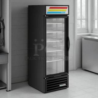 True GDM-23-HC~TSL01 27" black refrigerated merchandiser, left-hinged glass door, excellent condition, tested and working.
