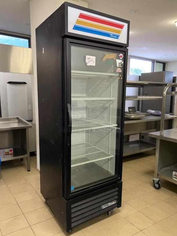 True GDM-23-HC~TSL01 27" black refrigerated merchandiser, glass door, left-hinged, tested, great condition, branded labels.