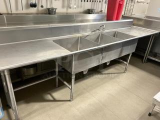 All stainless steel heavy duty 3-compartment bakery sink, 22"x22" basins, tested and working condition, durable design.