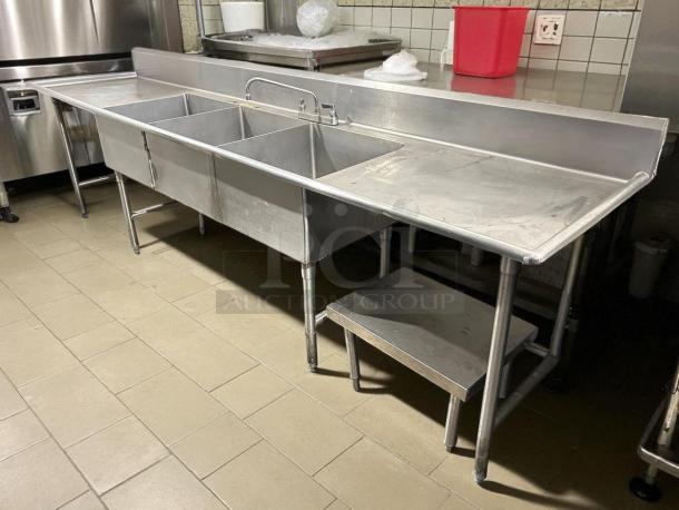 All stainless steel 3-compartment bakery sink with 22"x22" basins, tested and working, heavy-duty construction.