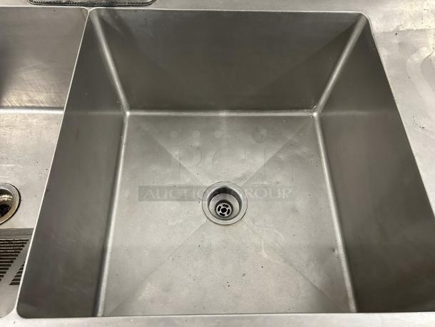 Stainless steel three-compartment bakery sink with 22"x22" basins, heavy-duty, tested and working, clean condition.