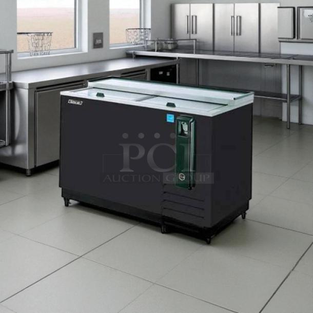 Turbo Air TBC-50SB-N6 bottle cooler, 50" wide, two solid doors, tested and working, in kitchen setting.