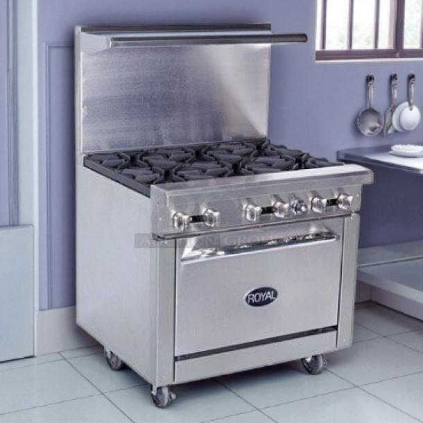 Royal Range RR-6 commercial gas range with 6 burners, tested and working, in excellent condition. 36" stainless steel.