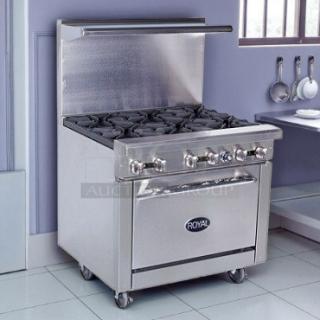 Royal Range RR-6 commercial gas range with 6 burners, tested and working, in excellent condition. 36" stainless steel.