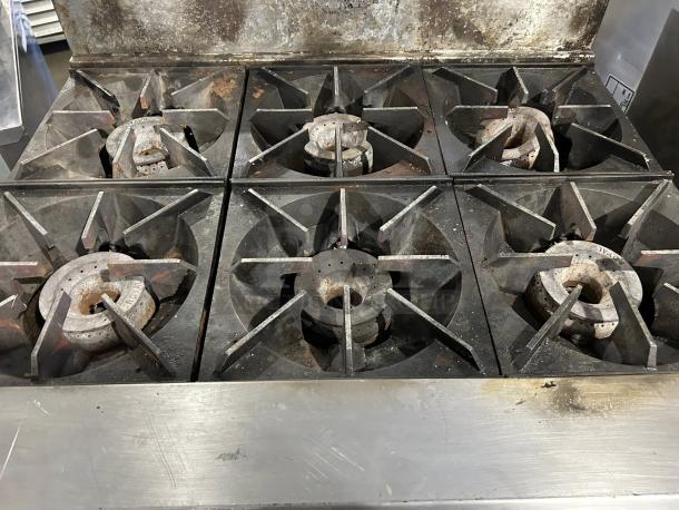 Royal Range RR-6 commercial 6-burner gas range, 36-inch, in excellent condition, tested and working. Visible wear on surface.