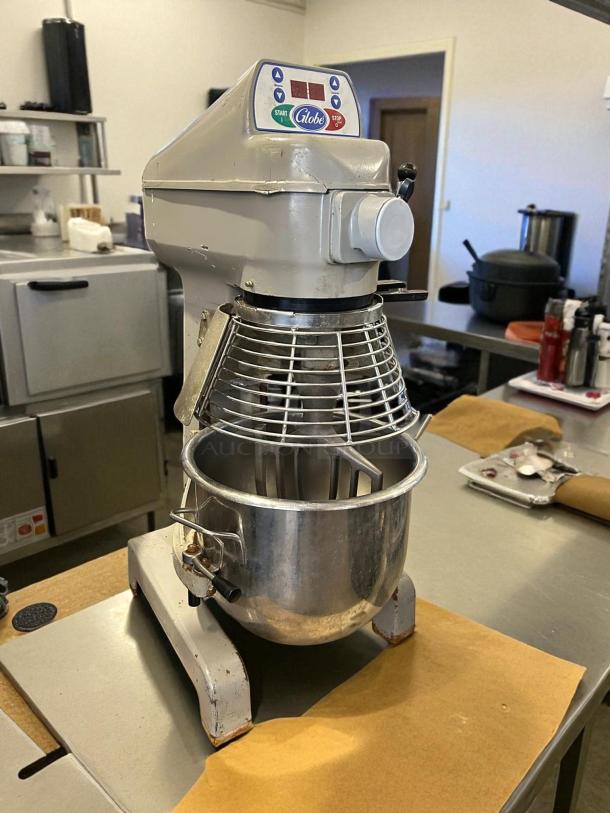 Globe SP20 20-quart planetary mixer, .5 HP, 3-speed, with bowl. Tested and working, used condition. Control panel visible.