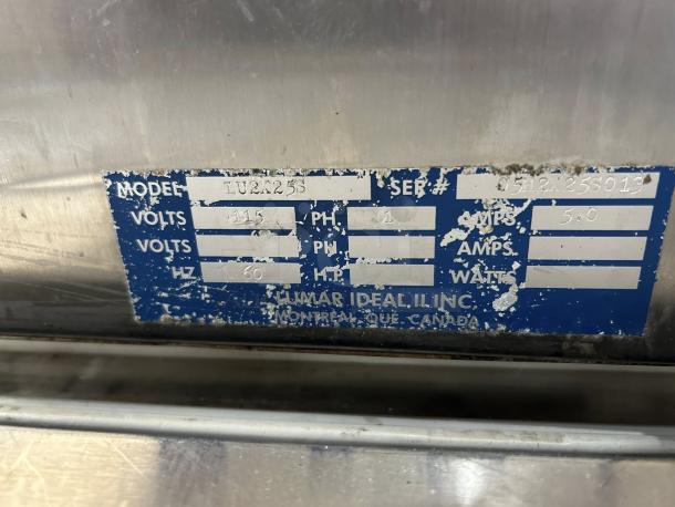 Lumar Ideal LU-2X15 Double Vacuum Tumbler label showing model TU2X2S, 115v, 1ph, 5 amps, tested and working.