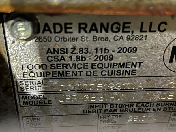 Alt text: "Jade Range JBR-36G-M gas griddle range label showing model and serial number, tested and working."