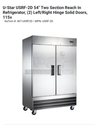 U-Star USRF-2D 54" reach-in refrigerator, two solid doors, 115V, excellent condition, fully tested, stainless steel finish.