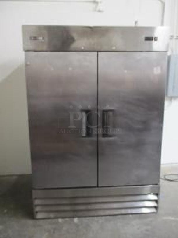 U-Star USRF-2D 54" reach-in refrigerator, two solid doors, stainless steel, excellent condition, 115V, fully tested.