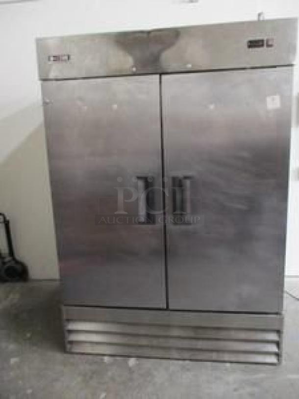 U-Star USRF-2D 54" reach-in refrigerator, stainless steel, two solid doors, excellent condition, 115V, tested and working.