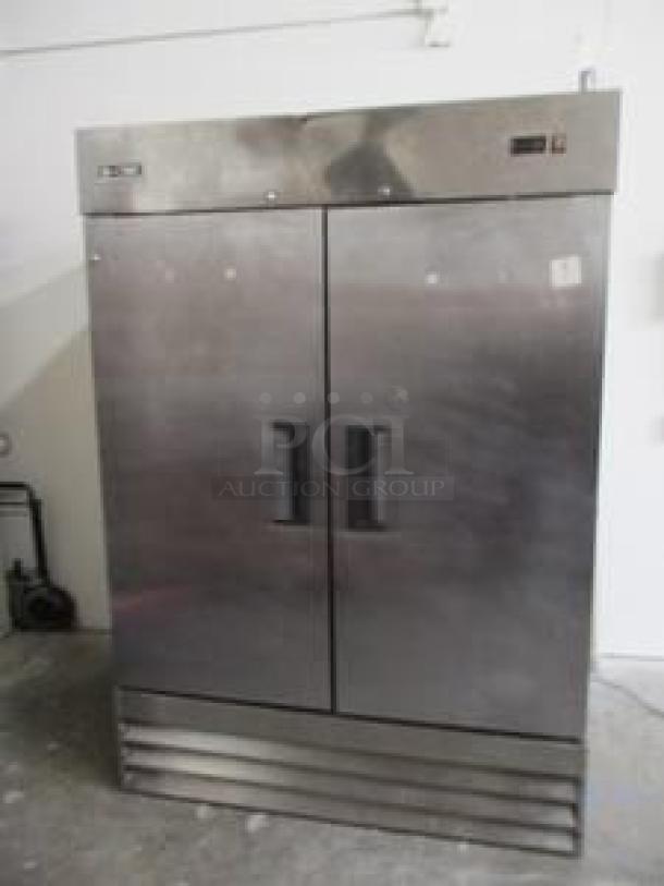 U-Star USRF-2D 54" reach-in refrigerator, two solid doors, stainless steel, fully tested, excellent condition.