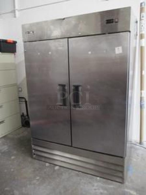 U-Star USRF-2D 54" two-section reach-in refrigerator with solid doors, stainless steel finish, 115V, excellent condition.