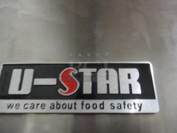 U-Star USRF-2D reach-in refrigerator logo, featuring brand name and "we care about food safety" slogan.