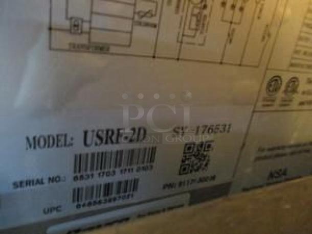 Label showing U-Star Refrigeration model USRF-2D, serial no. 6357175311718631. Auction item: U-Star USRF-2D.
