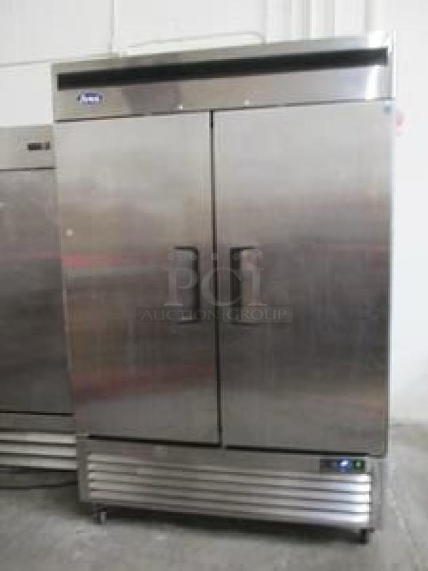 Atosa MBF8507GR 54" two-section reach-in refrigerator, excellent condition, solid doors, stainless steel, 115V, fully tested.
