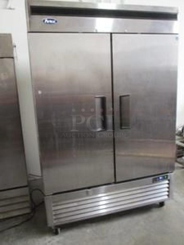 Atosa MBF8507GR 54" two-section reach-in refrigerator with solid doors, stainless steel, excellent condition, 115V.