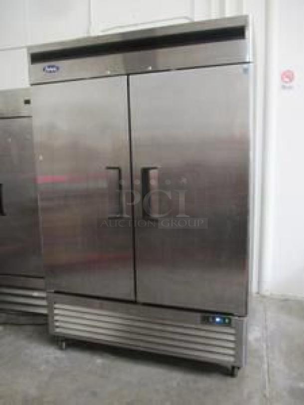 Atosa MBF8507GR 54" two-section reach-in refrigerator, solid doors, 115V, excellent condition, fully tested and working.