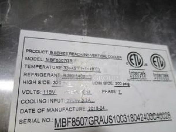 Label for Atosa MBF8507GR refrigerator, detailing model, temperature range, refrigerant, voltage, and manufacture date.