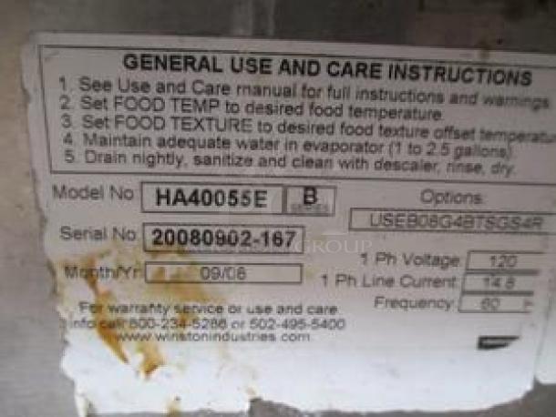 Winston HA40055E CVap Holding Cabinet tag showing model, serial number, voltage, and care instructions.